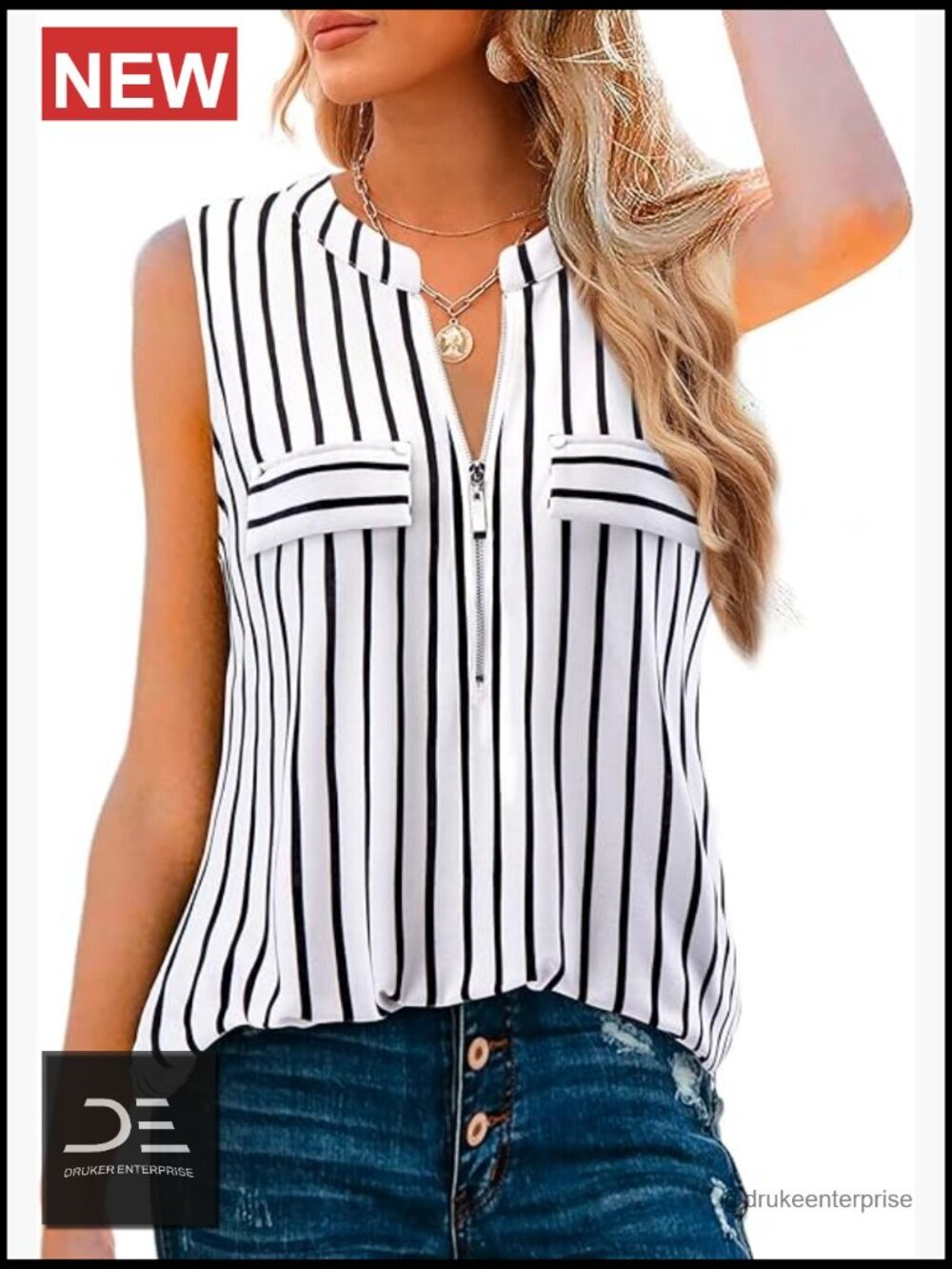 Sleeveless Zipper V-Neck Tunic Tank Top Business Casual Work Blouse